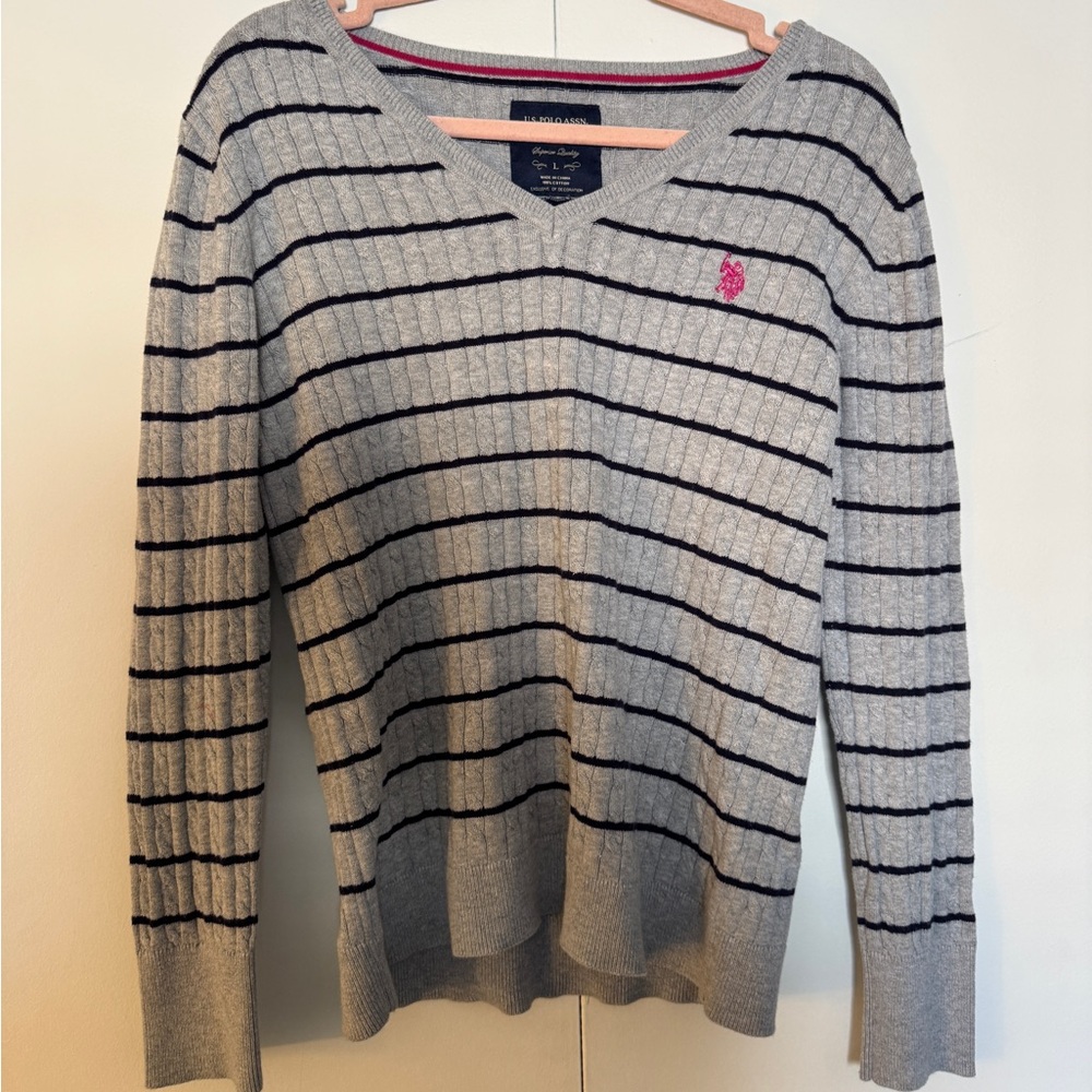 U.S. Polo Assn. Gray and Blue Striped cableknit V-Neck Sweater